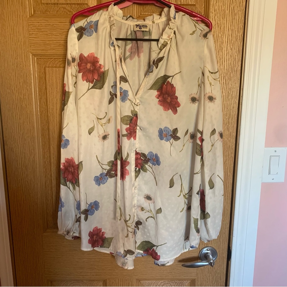 Show Me Your MuMu Floral Tie-Neck Blouse in Cream, Red & Blue
